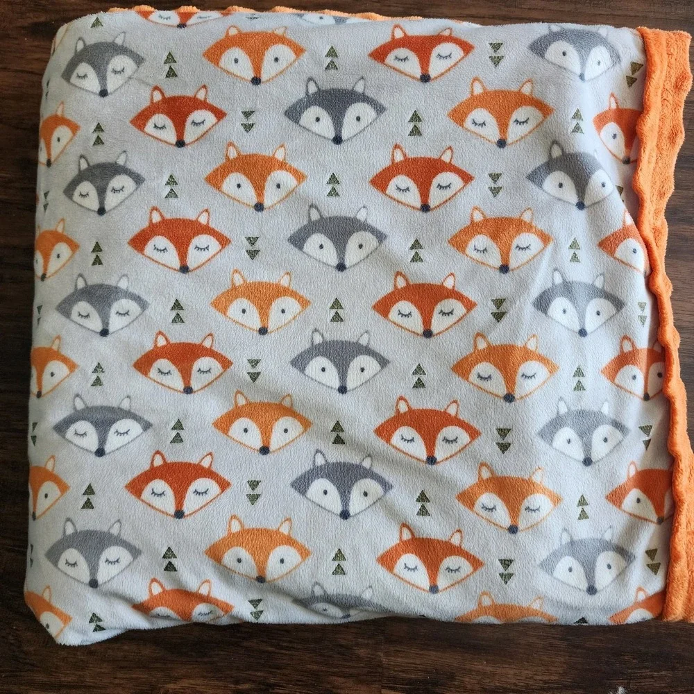 FOX Raccoon Face Gray Orange Baby Blanket Minky 55 X 51